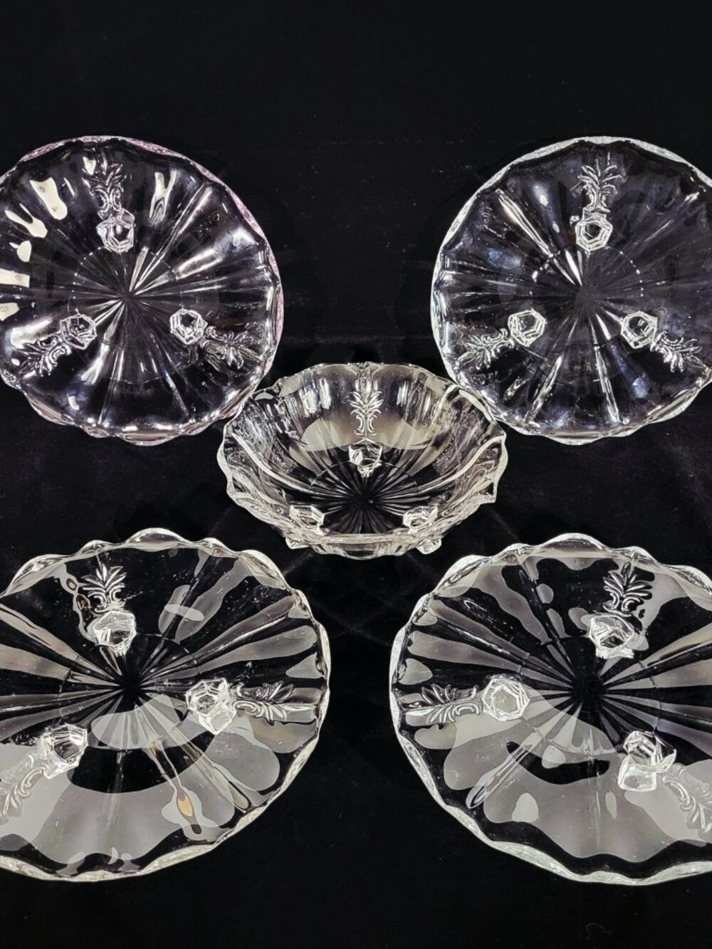 FOSTORIA~BAROQUE~5 PIECE~VINTAGE CLEAR GLASS FOOTED TIDBIT TRAY BON BON DISH